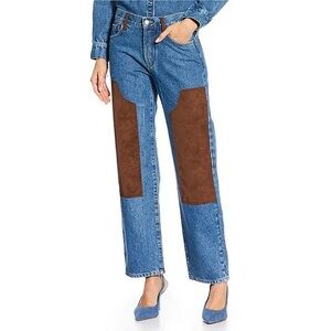 Gianni Bini Blue Straight-Leg Jeans with Brown Knee Panels size 28
